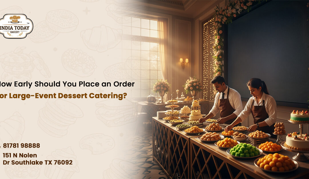 Large-event dessert catering display featuring assorted pastries, cakes, and sweets prepared for a special occasion